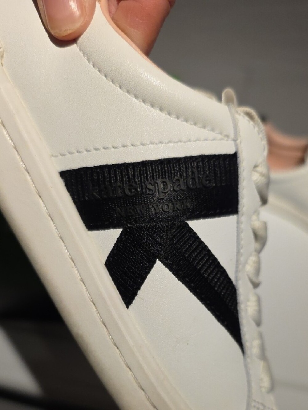 kate spade White Leather Sneakers with Black Side Stripe and Blush Lining - Picture 5 of 15